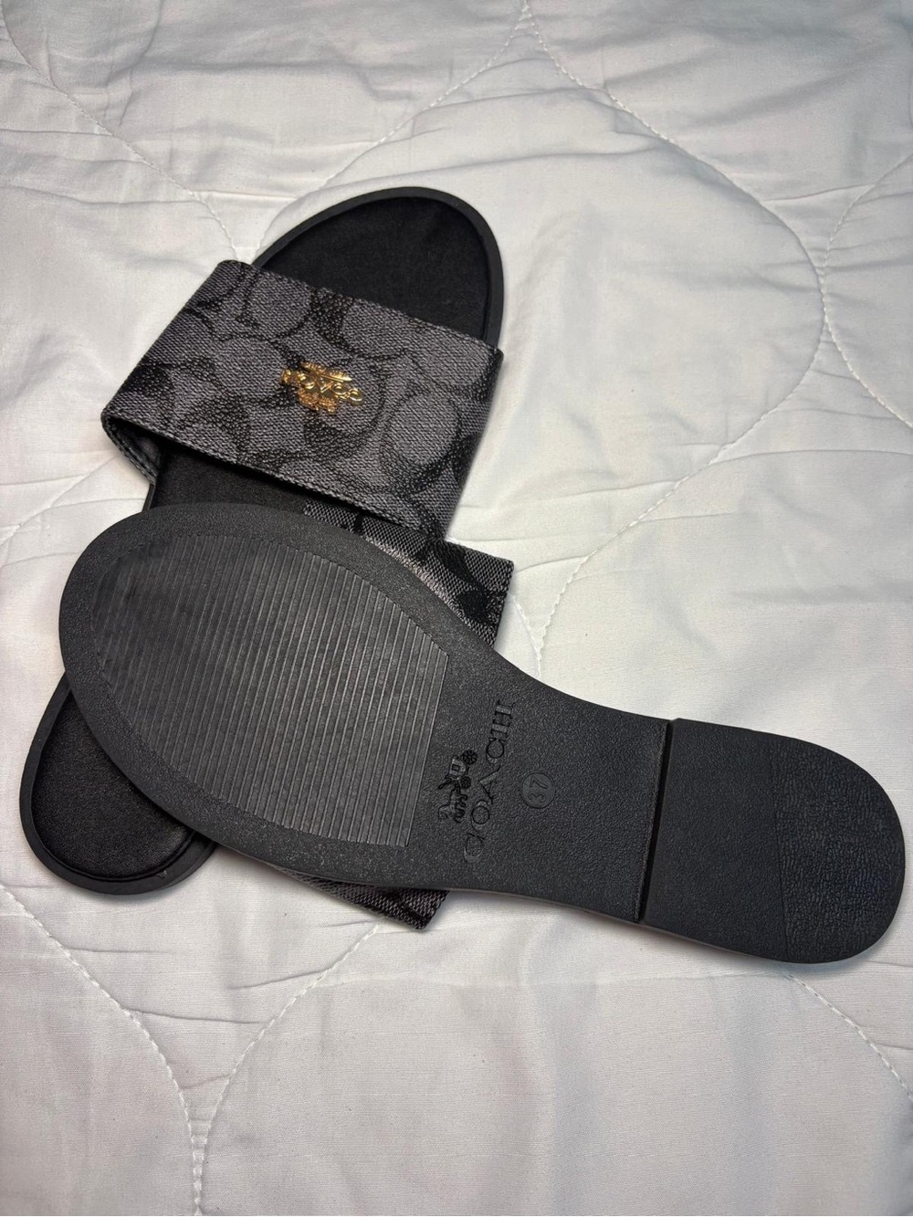 Coach Black Signature Monogram Slide Sandals with Gold Bee Accent
